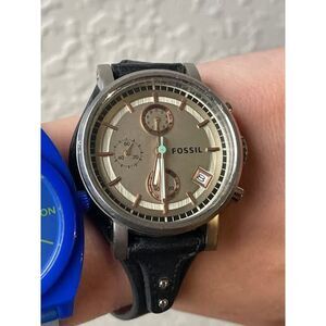 Black Leather Boyfriend Fossil  Chronograph Watch with Tiffany Blue Accents